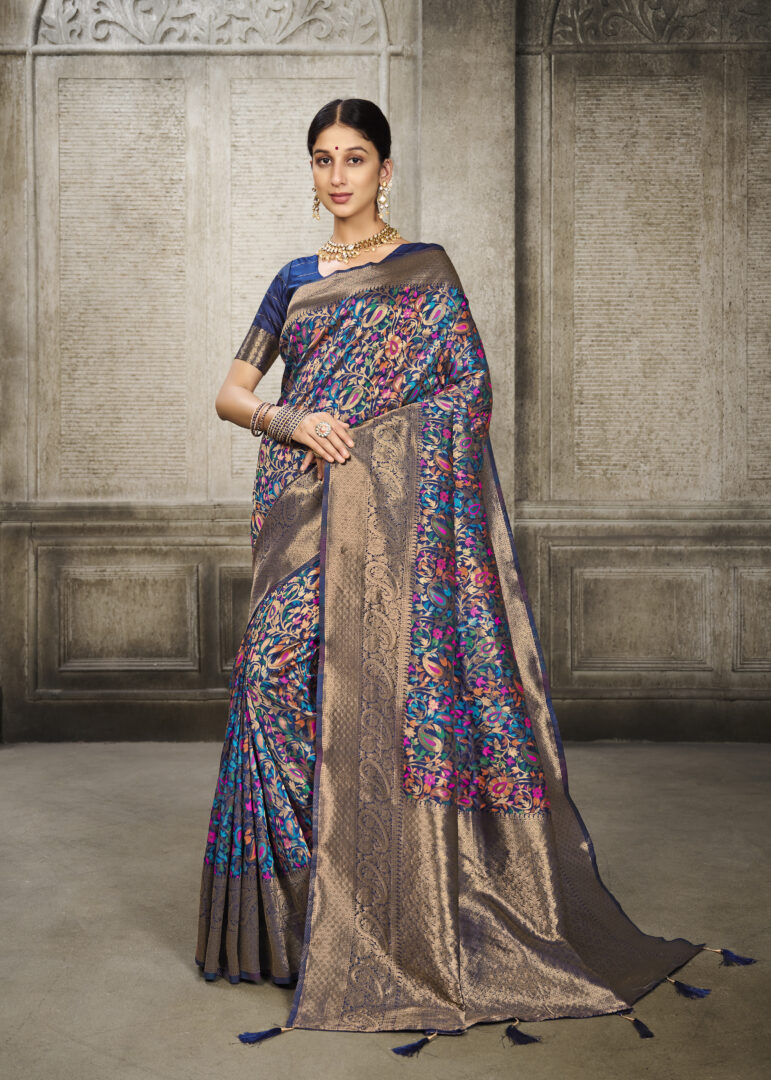 Dhiyona GR Women's Aroma Peacock Blue Woven Banarasi Art Silk Saree