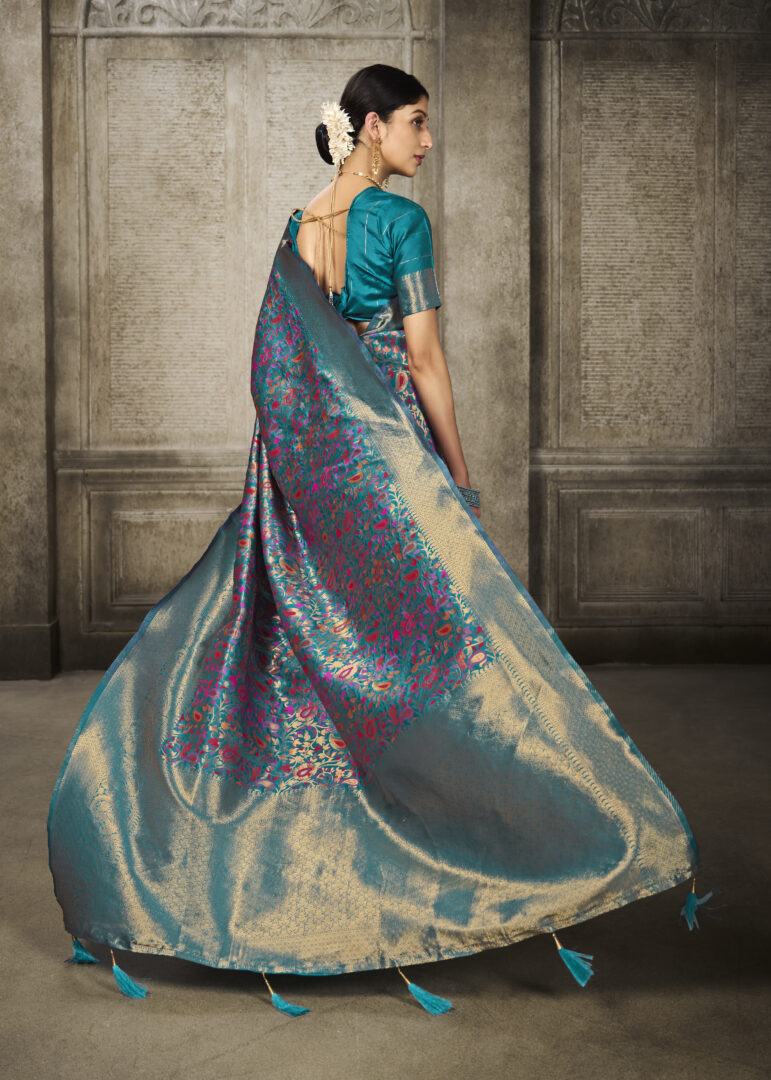 Dhiyona GR Women's Aroma Misty Teal Blue Woven Banarasi Art Silk Saree