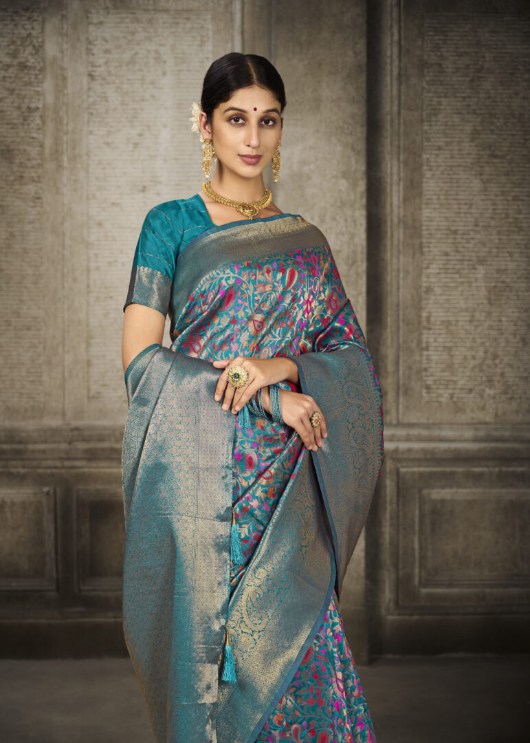 Dhiyona GR Women's Aroma Misty Teal Blue Woven Banarasi Art Silk Saree