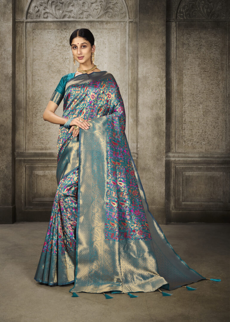 Dhiyona GR Women's Aroma Misty Teal Blue Woven Banarasi Art Silk Saree