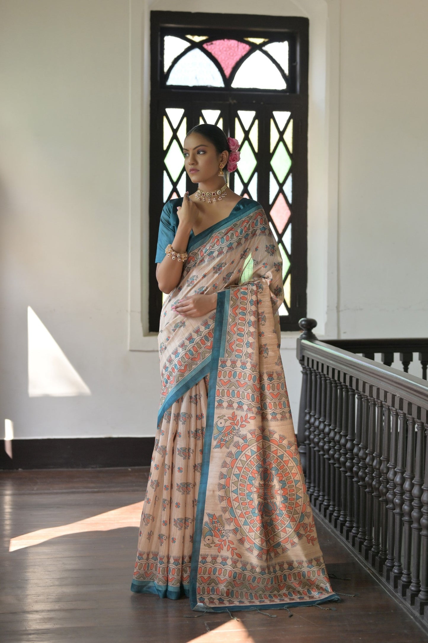 Dhiyona GR Women's Beige & Cyan Blue Soft Tussar Silk Madhubani Printed Saree