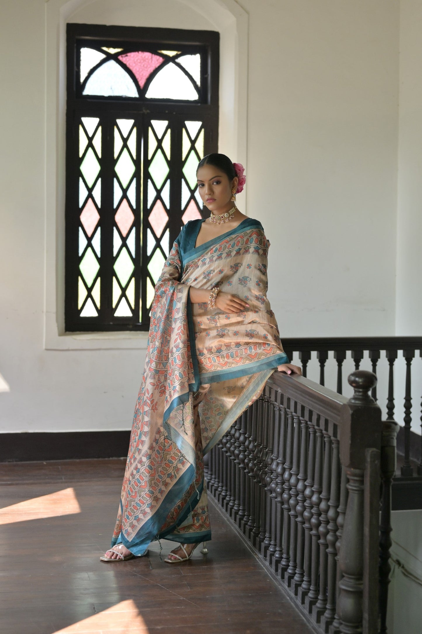 Dhiyona GR Women's Beige & Cyan Blue Soft Tussar Silk Madhubani Printed Saree