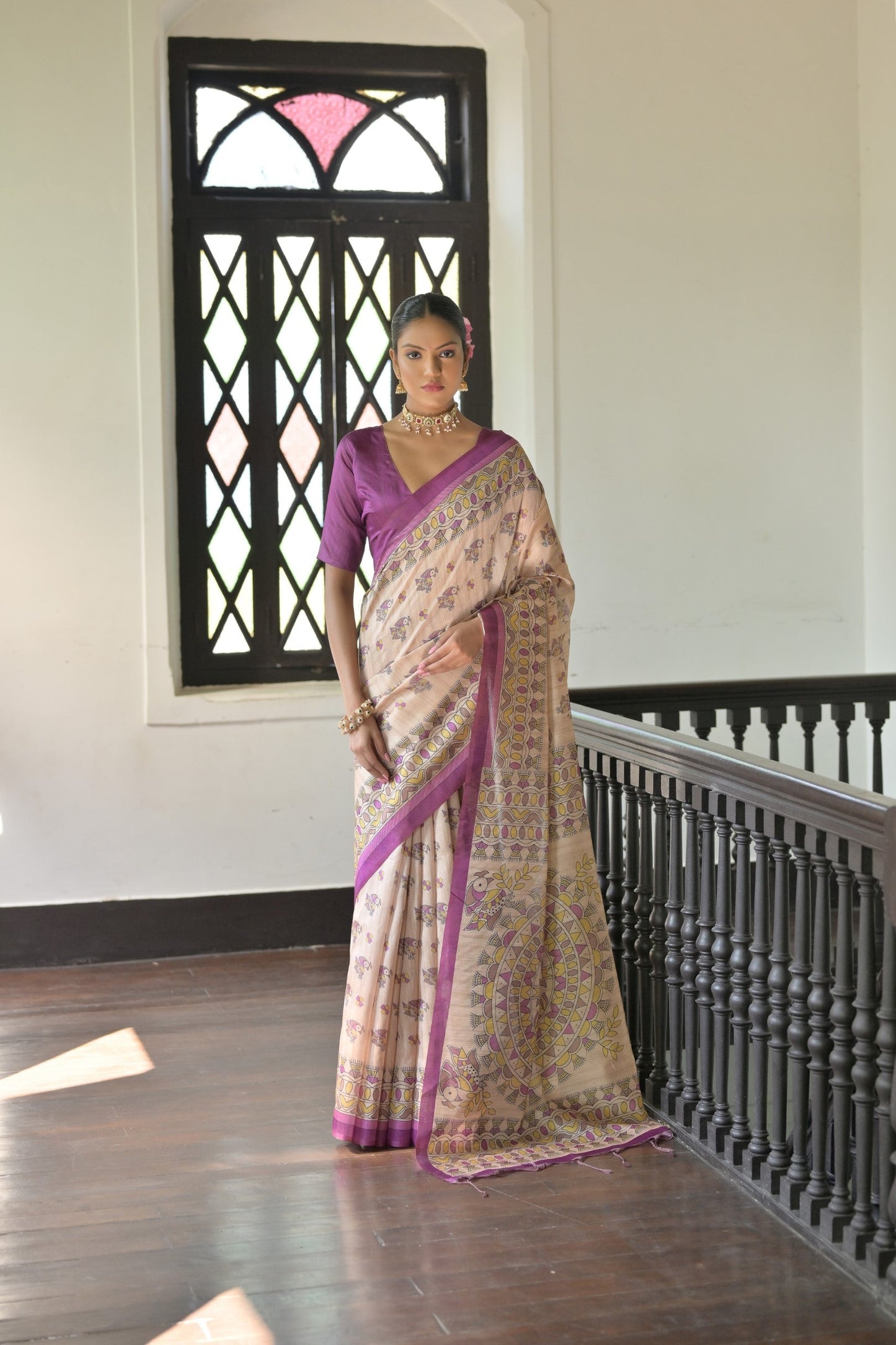 Dhiyona GR Women's Beige & Wine Soft Tussar Silk Madhubani Printed Saree