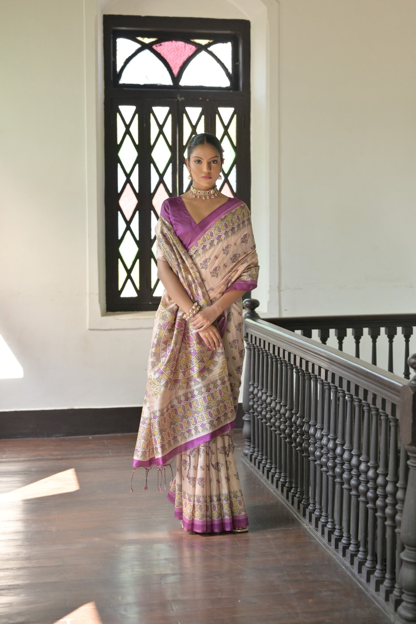 Dhiyona GR Women's Beige & Wine Soft Tussar Silk Madhubani Printed Saree