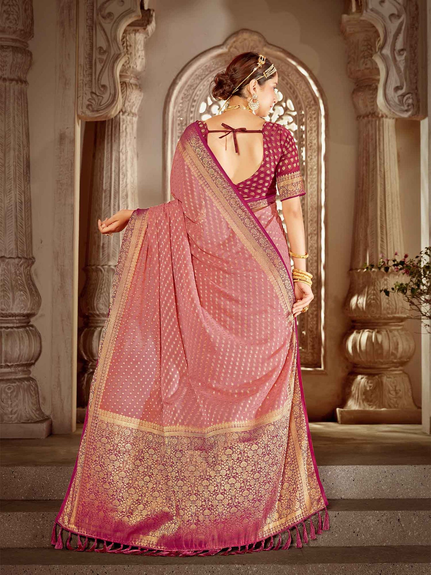 Women's Georgette Pink Woven Design Designer Saree With Blouse Piece
