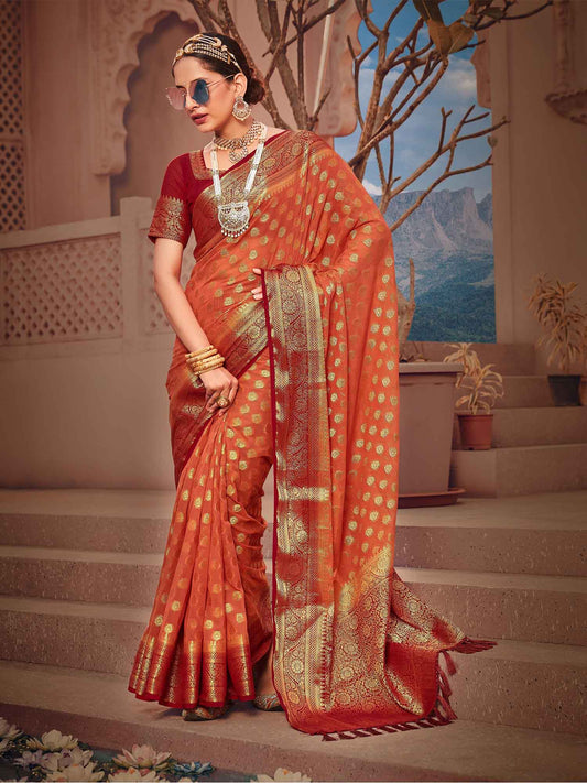 Women's Georgette Orange Woven Design Designer Saree With Blouse Piece