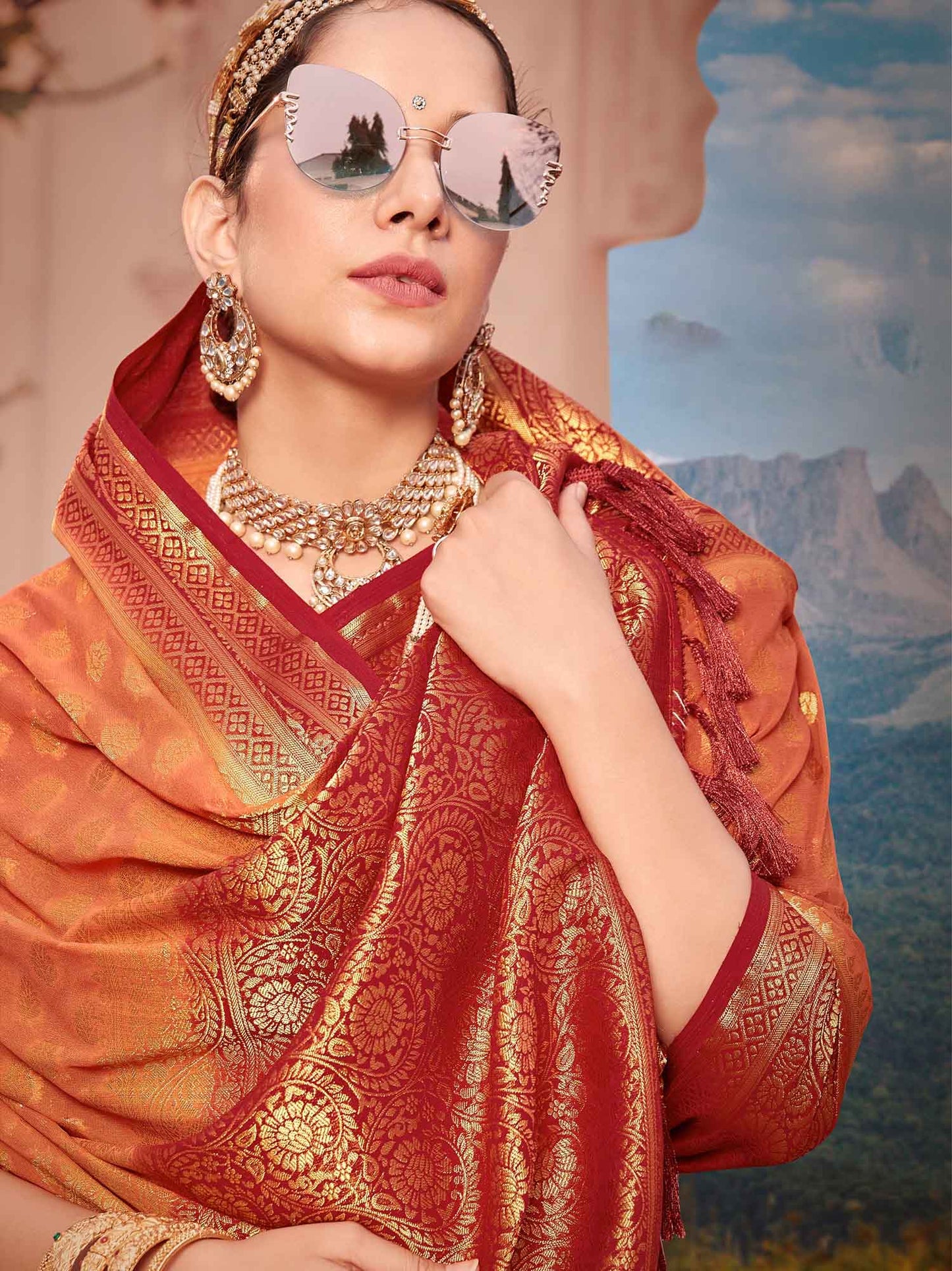 Women's Georgette Orange Woven Design Designer Saree With Blouse Piece