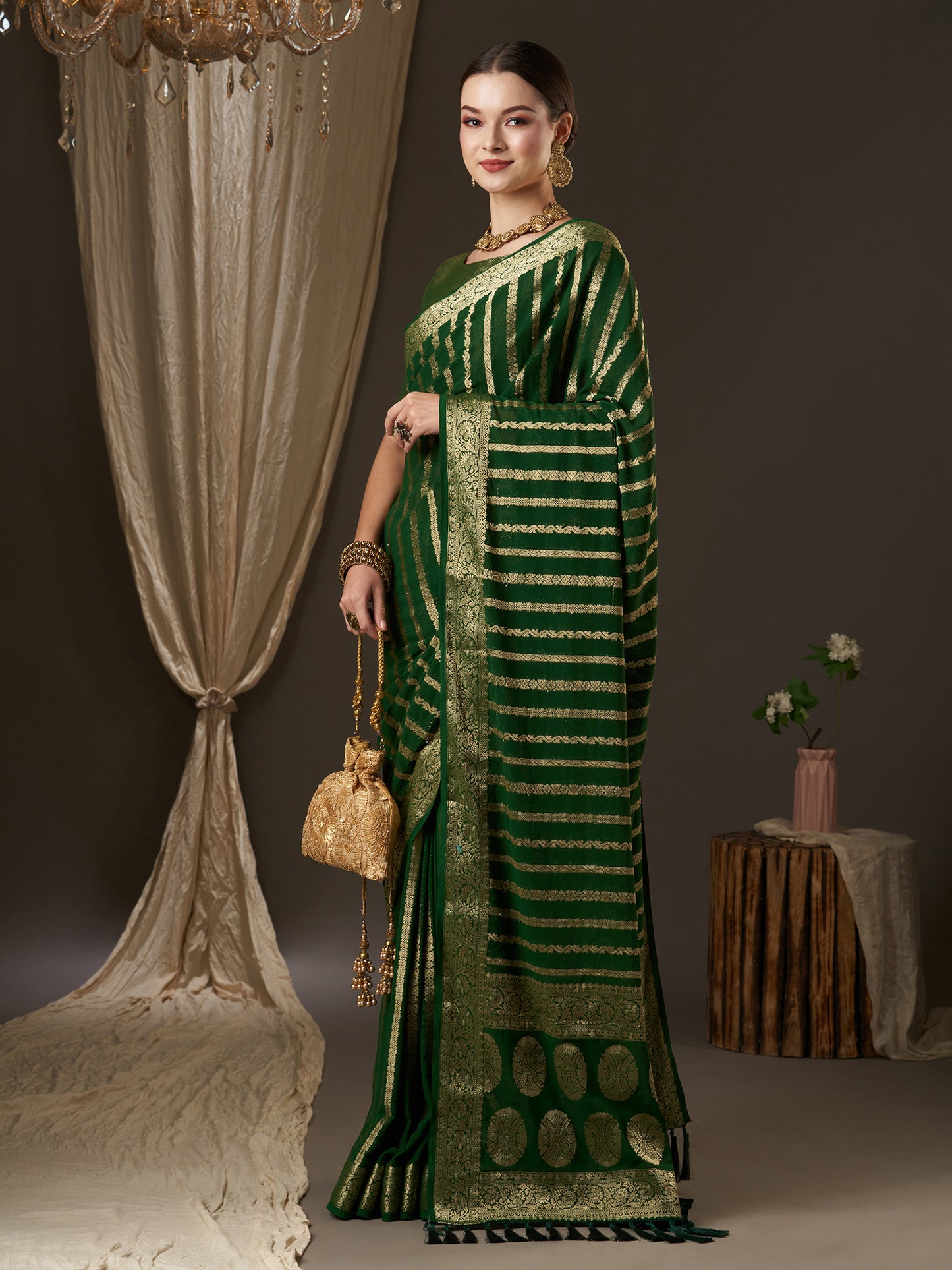 Women's Georgette Green Woven Design Designer Saree With Blouse Piece