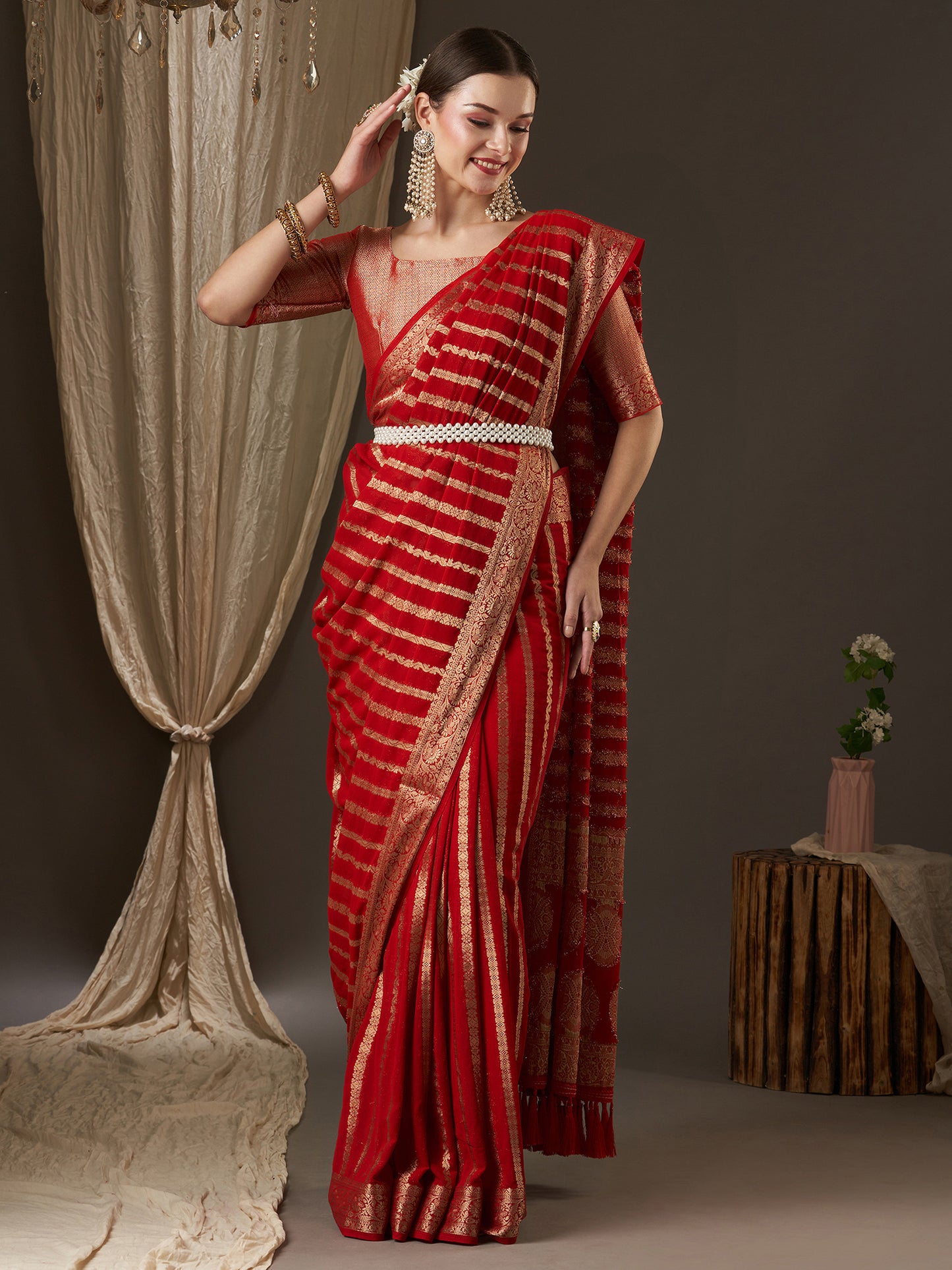 Women's Georgette Red Woven Design Designer Saree With Blouse Piece