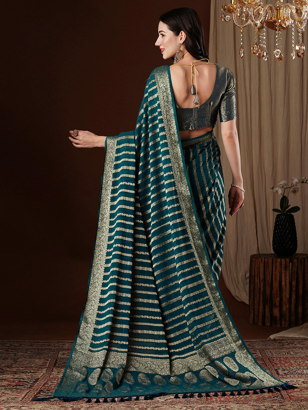 Women's Georgette Teal blue Woven Design Designer Saree With Blouse Piece