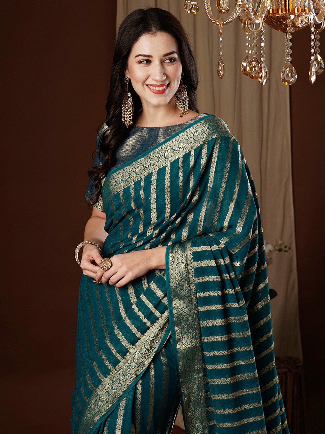 Women's Georgette Teal blue Woven Design Designer Saree With Blouse Piece