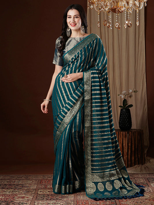 Women's Georgette Teal blue Woven Design Designer Saree With Blouse Piece