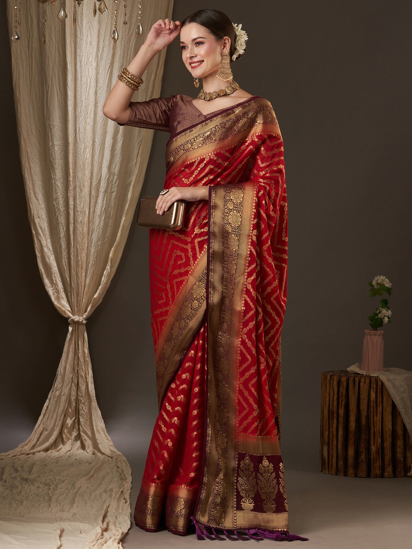 Women's Georgette Maroon Woven Design Designer Saree With Blouse Piece