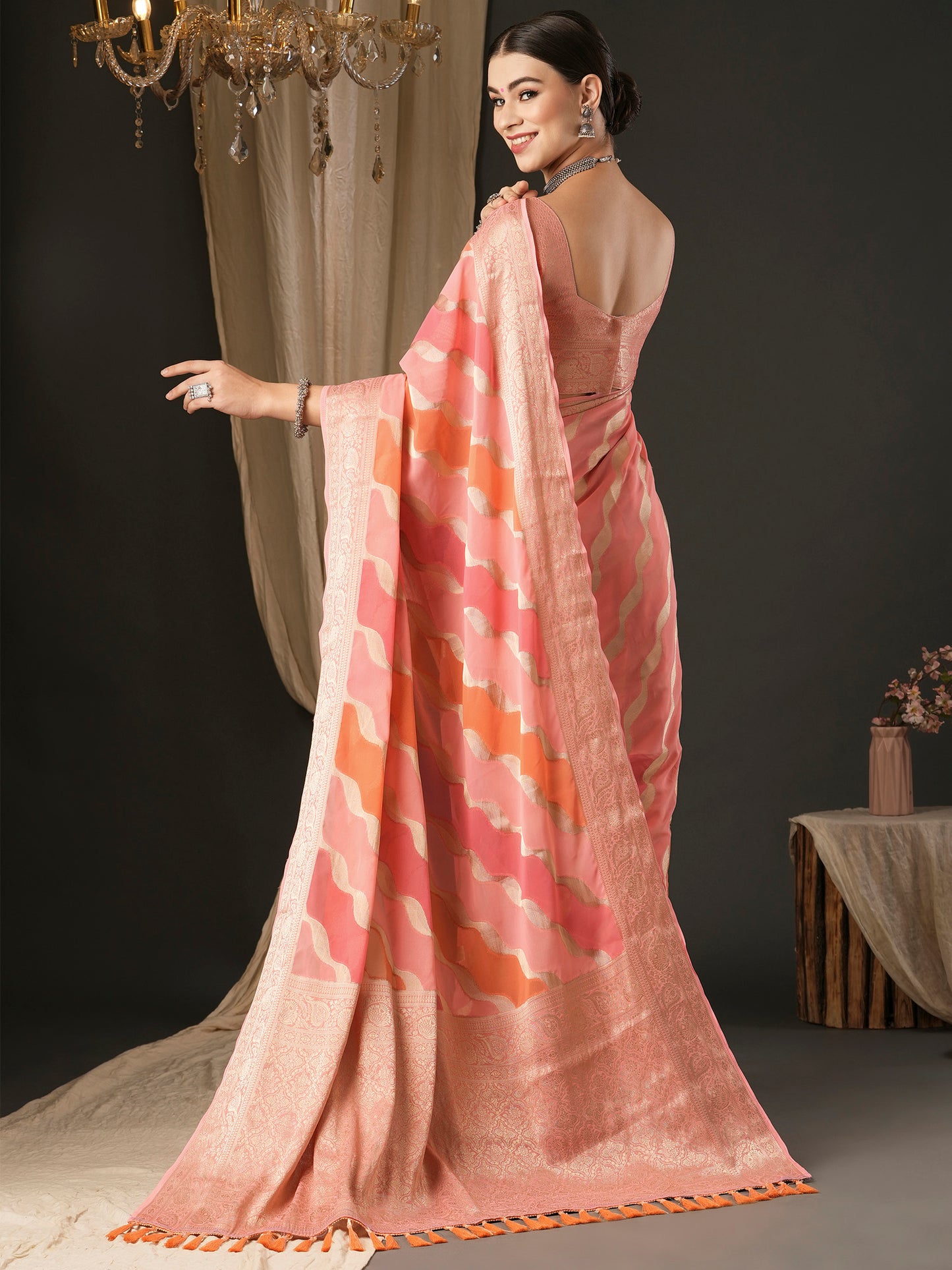 Women's Georgette Pink Woven Design Designer Saree With Blouse Piece
