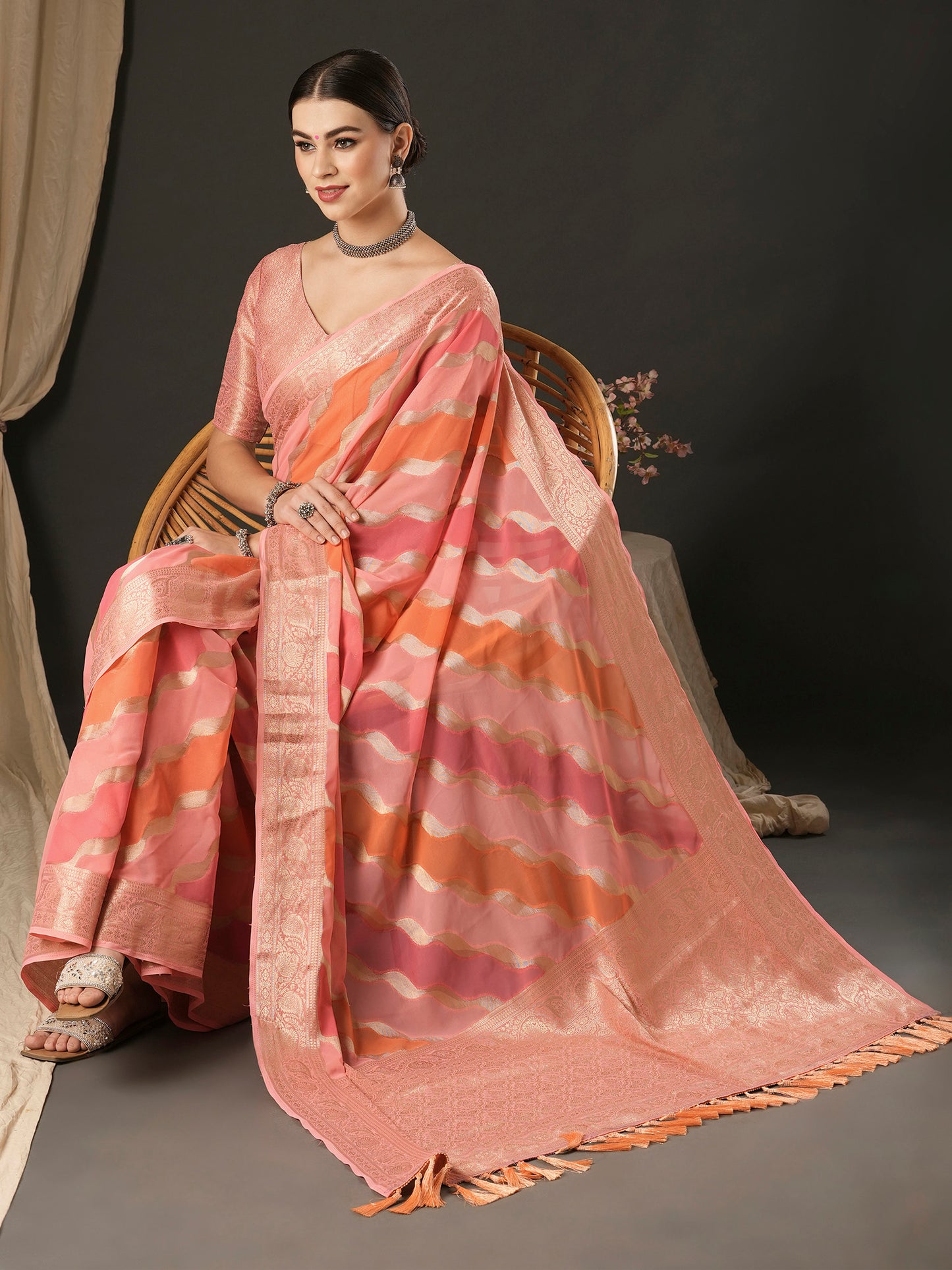 Women's Georgette Pink Woven Design Designer Saree With Blouse Piece