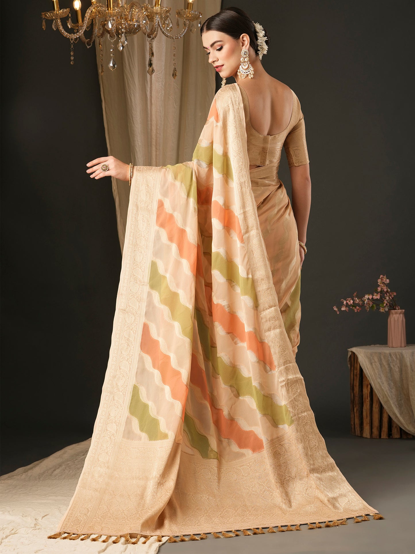 Women's Georgette Cream Woven Design Designer Saree With Blouse Piece
