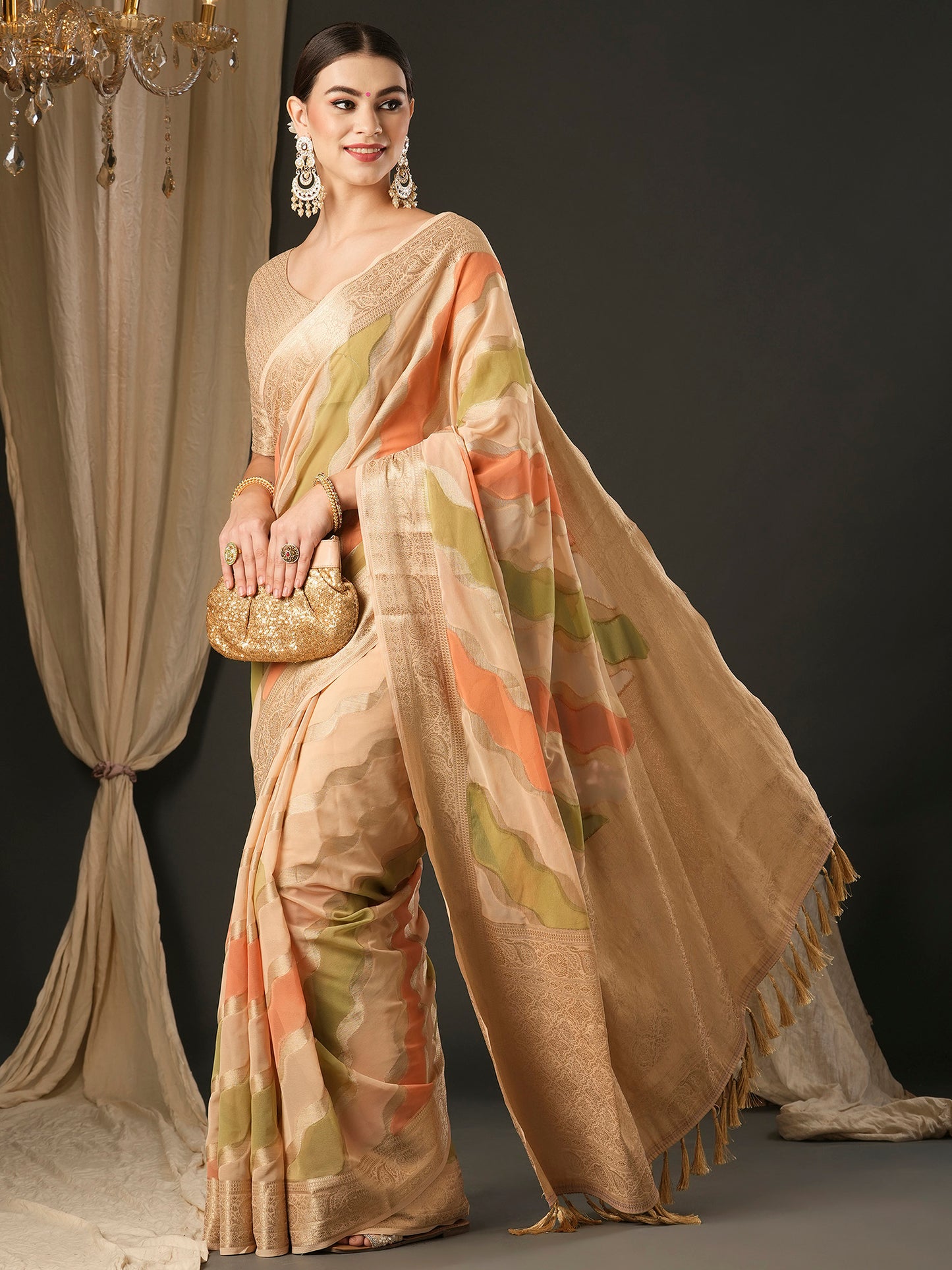 Women's Georgette Cream Woven Design Designer Saree With Blouse Piece