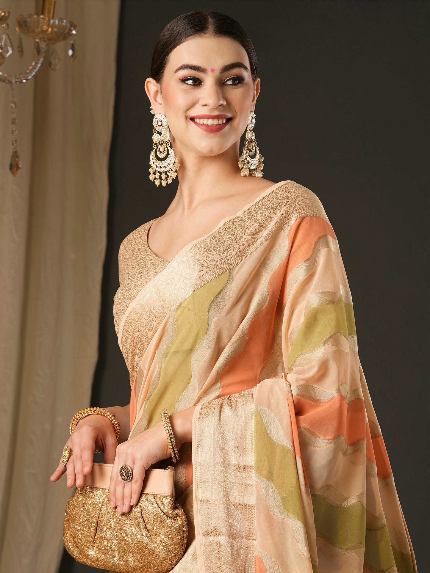 Women's Georgette Cream Woven Design Designer Saree With Blouse Piece
