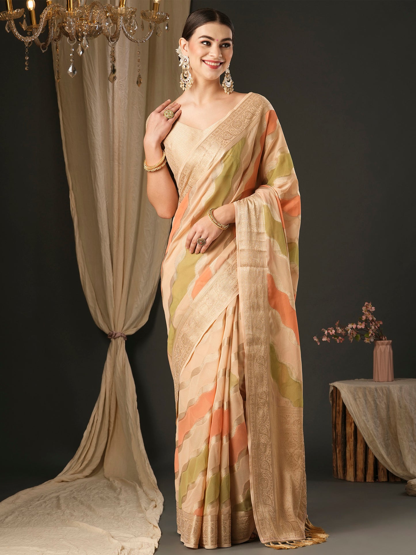 Women's Georgette Cream Woven Design Designer Saree With Blouse Piece