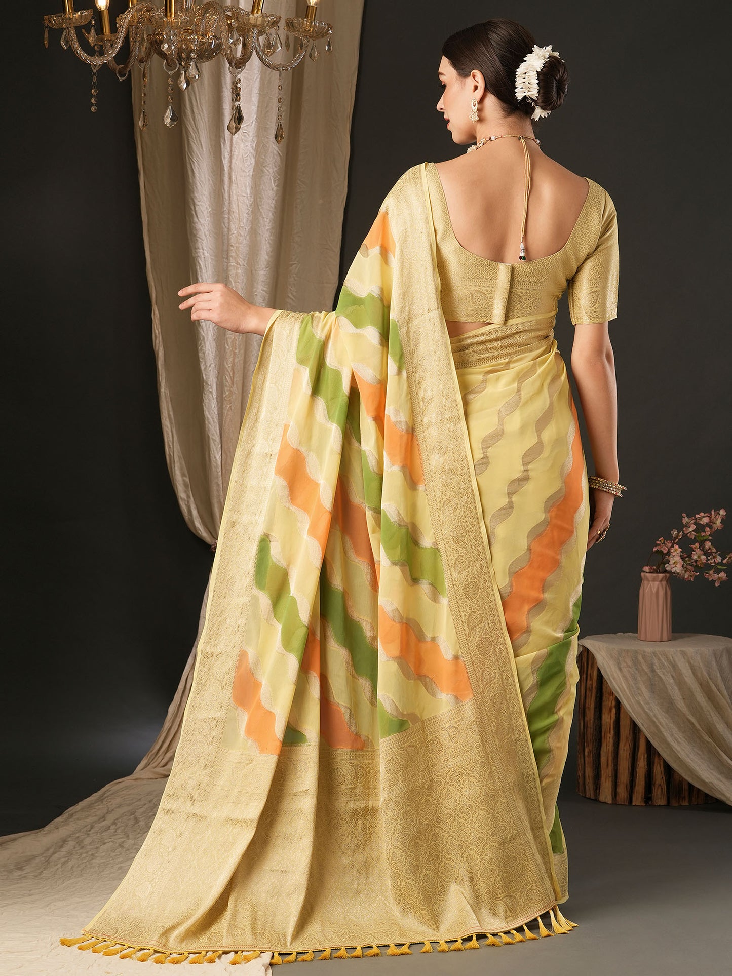 Women's Georgette Yellow Woven Design Designer Saree With Blouse Piece