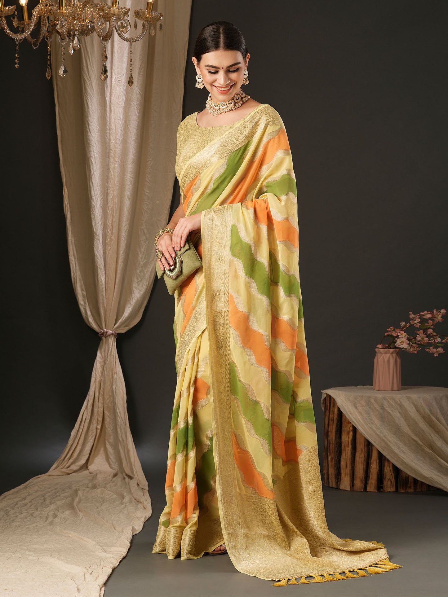 Women's Georgette Yellow Woven Design Designer Saree With Blouse Piece