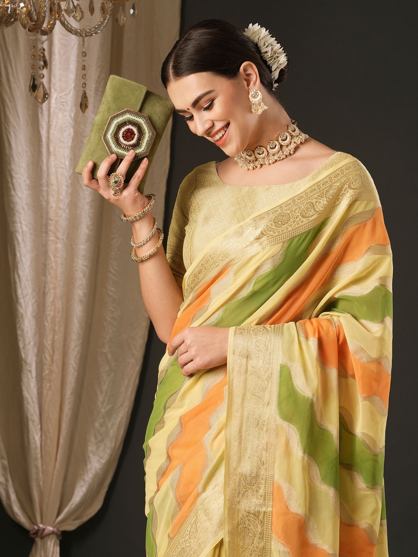 Women's Georgette Yellow Woven Design Designer Saree With Blouse Piece