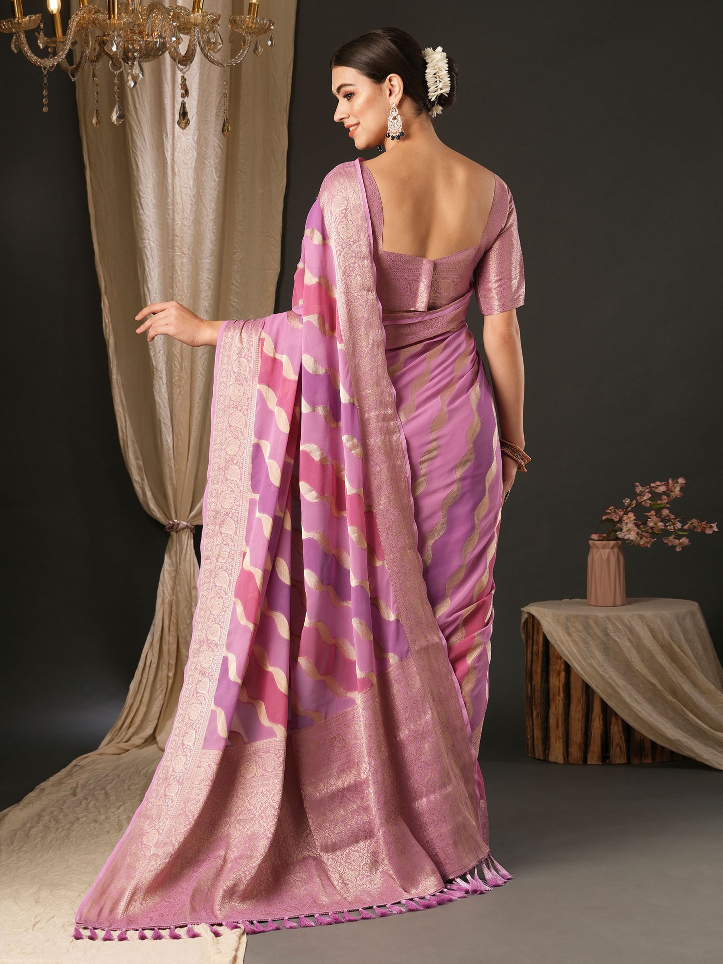 Women's Georgette Mauve Woven Design Designer Saree With Blouse Piece