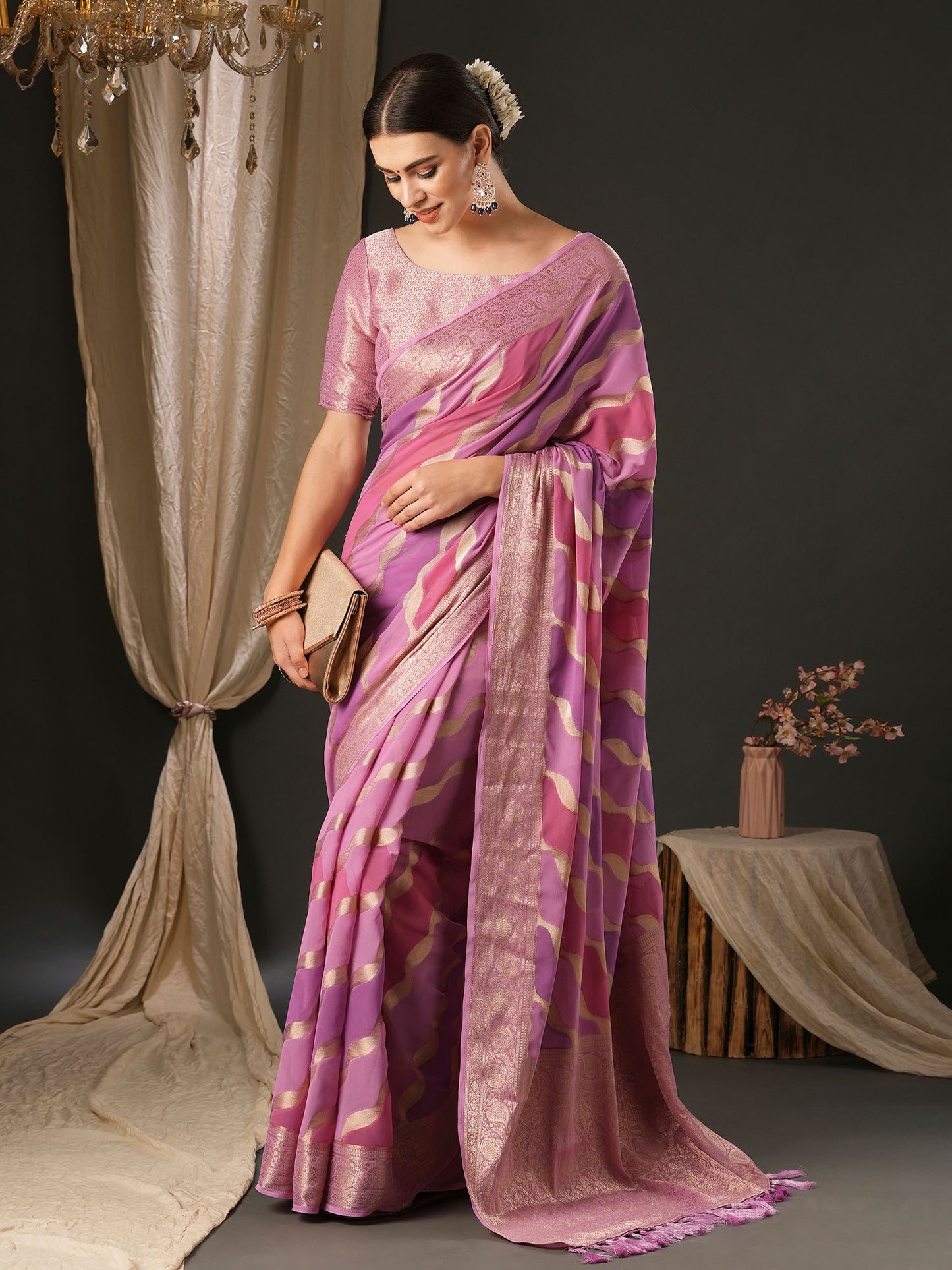 Women's Georgette Mauve Woven Design Designer Saree With Blouse Piece