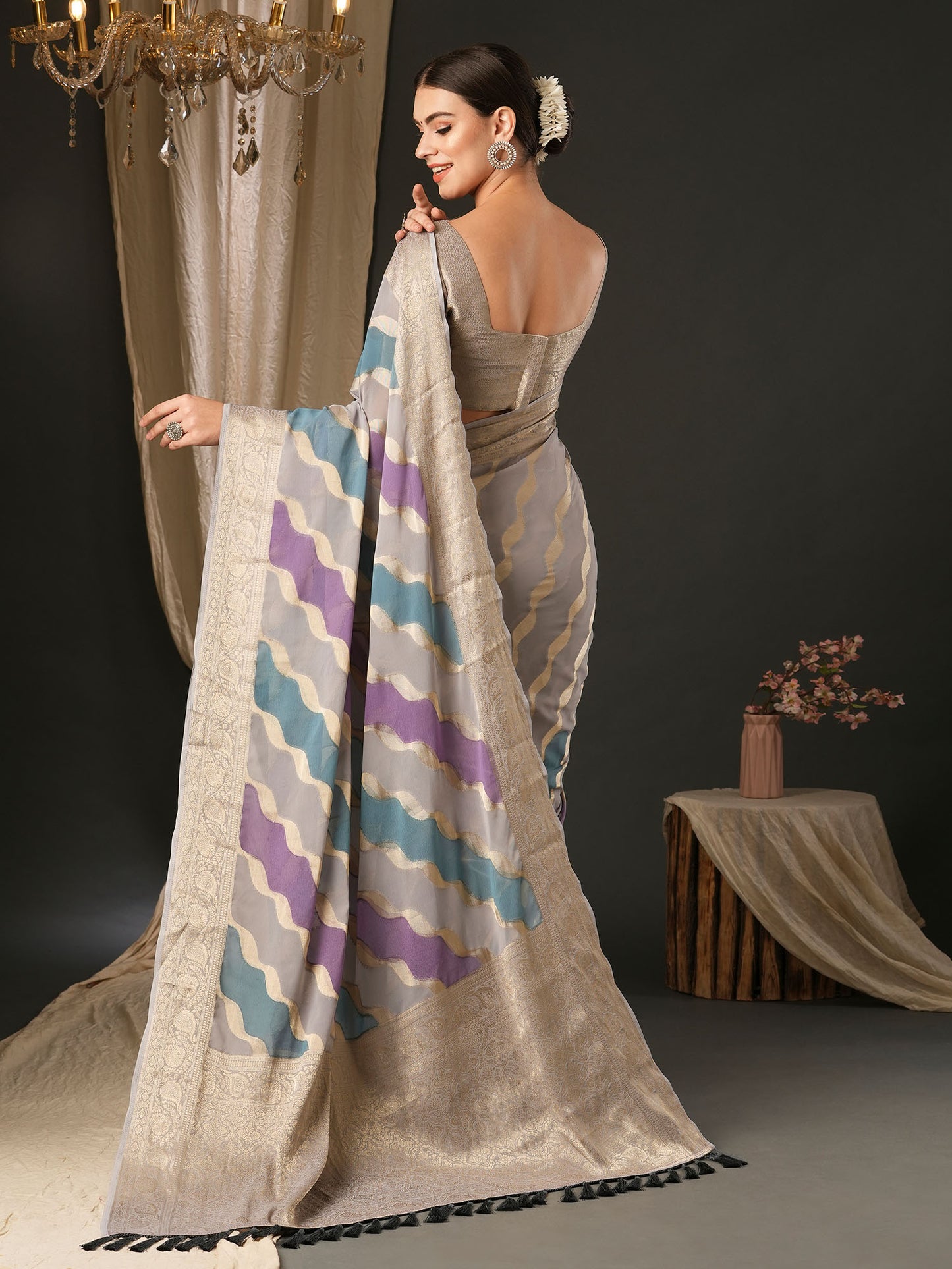 Women's Georgette Grey Woven Design Designer Saree With Blouse Piece