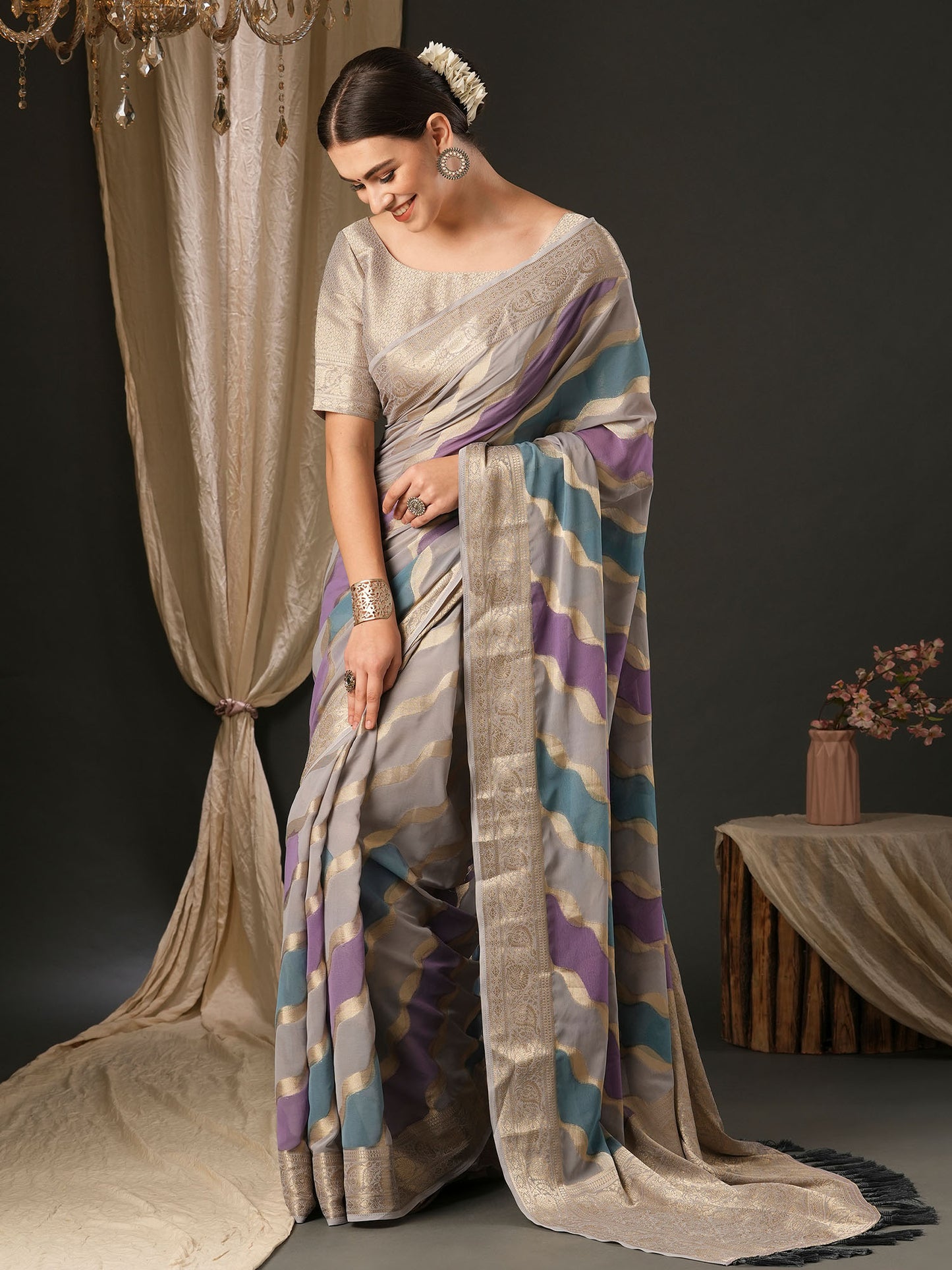 Women's Georgette Grey Woven Design Designer Saree With Blouse Piece