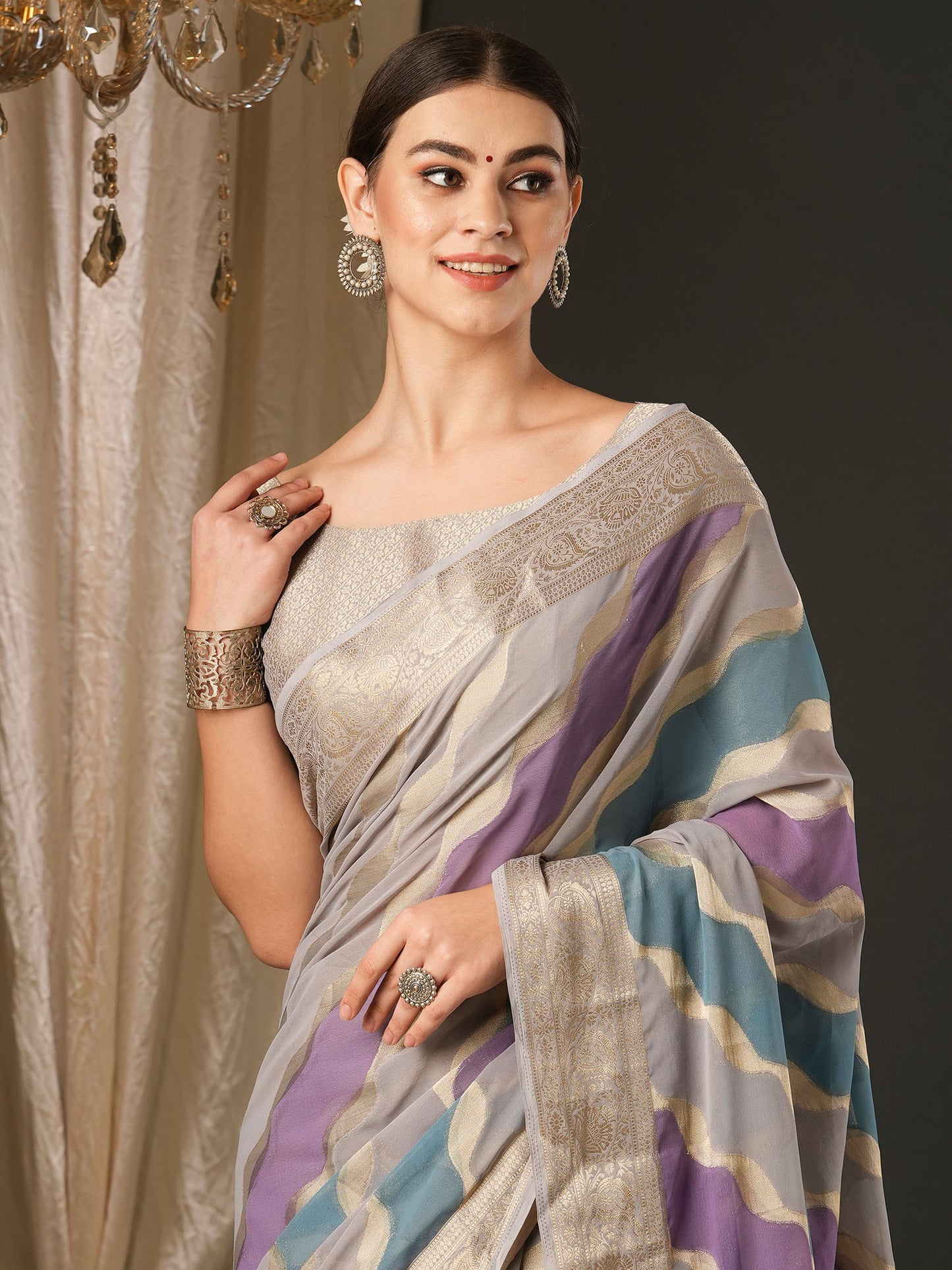 Women's Georgette Grey Woven Design Designer Saree With Blouse Piece
