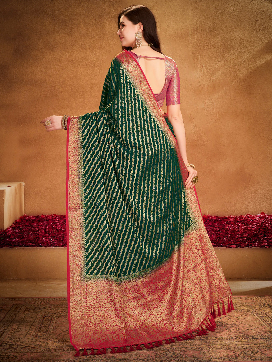 Women's Georgette Green Woven Design Designer Saree With Blouse Piece