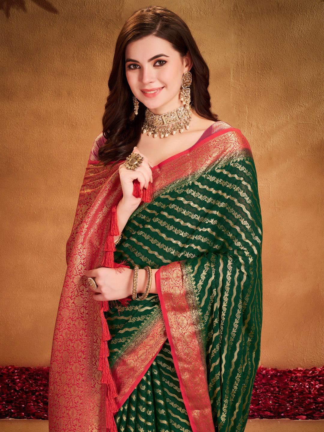 Women's Georgette Green Woven Design Designer Saree With Blouse Piece