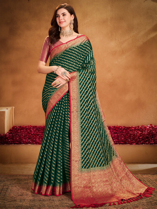 Women's Georgette Green Woven Design Designer Saree With Blouse Piece