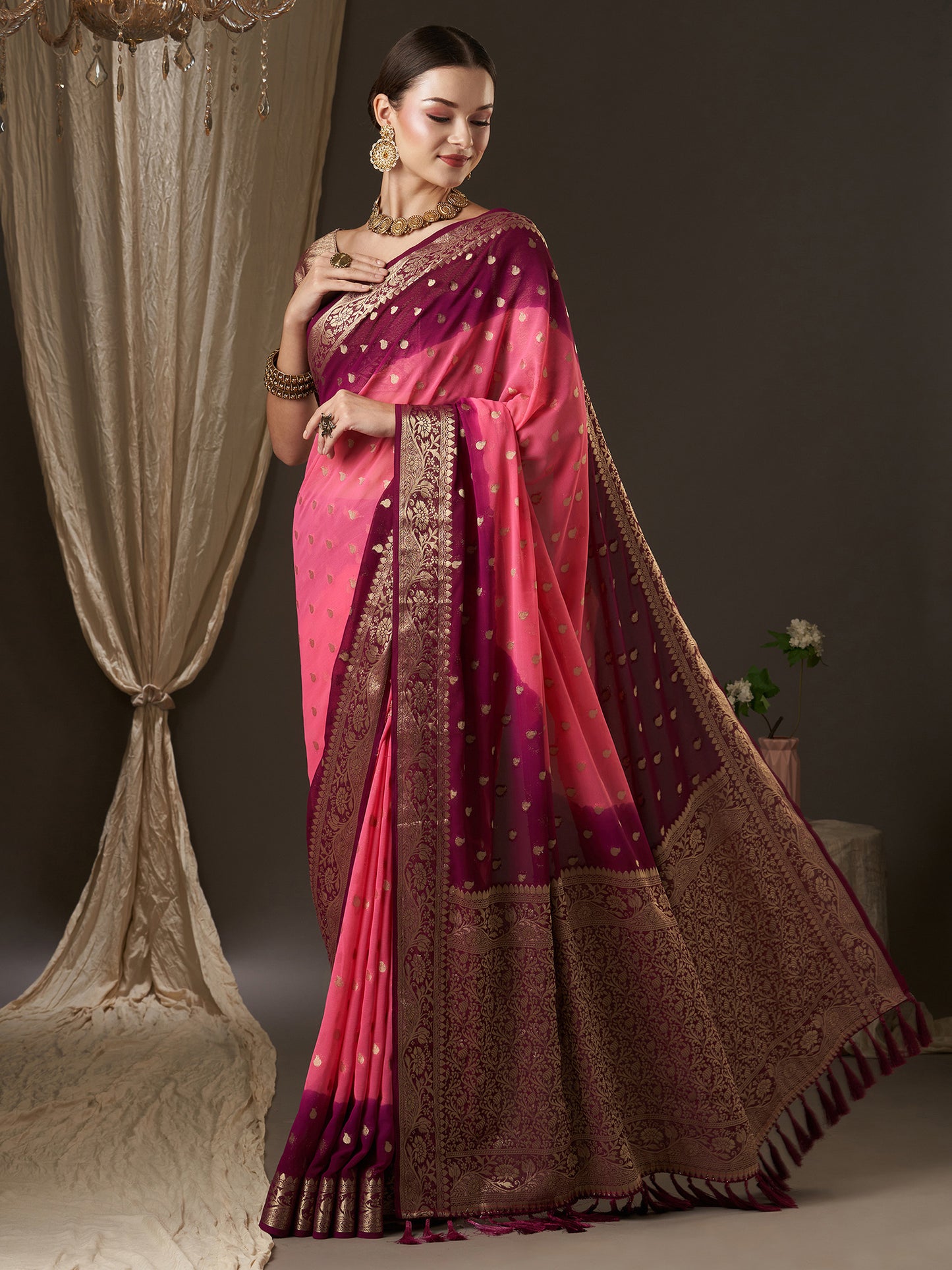 Women's Georgette Pink Woven Design Designer Saree With Blouse Piece