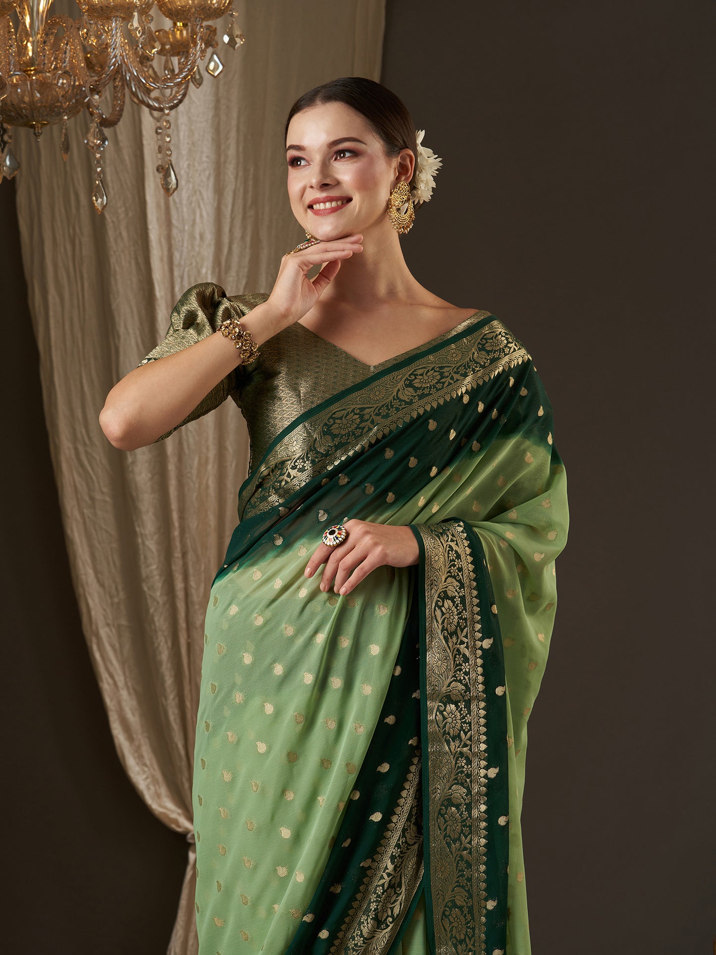 Women's Georgette Light Green Woven Design Designer Saree With Blouse Piece