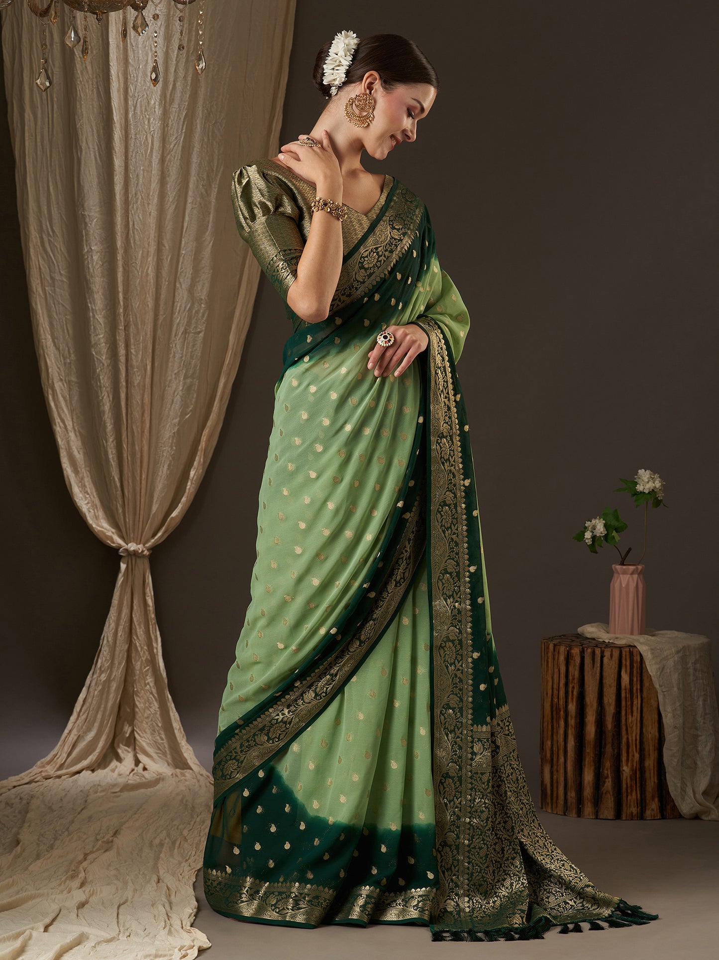 Women's Georgette Light Green Woven Design Designer Saree With Blouse Piece
