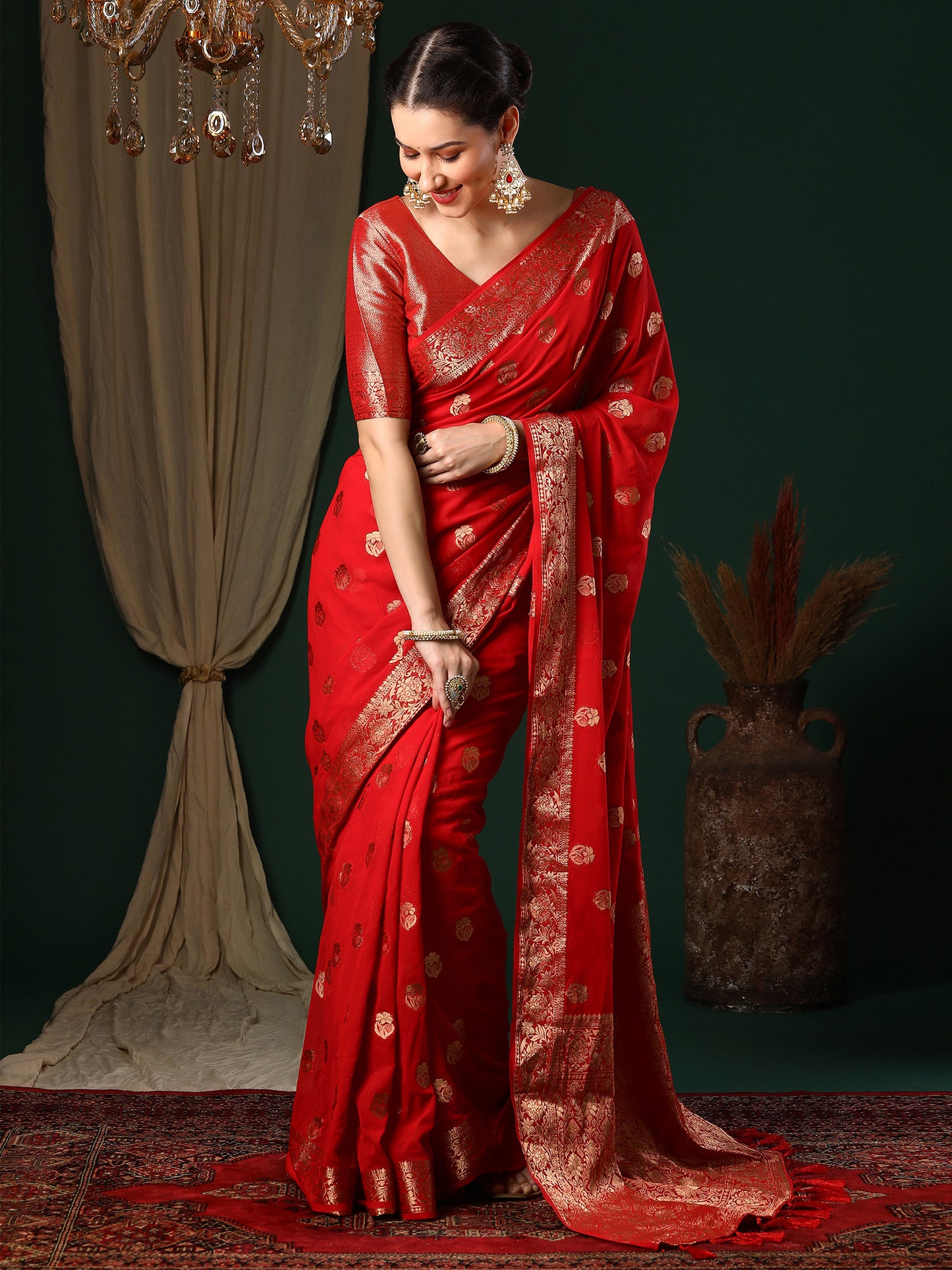 Women's Georgette Red Woven Design Designer Saree With Blouse Piece