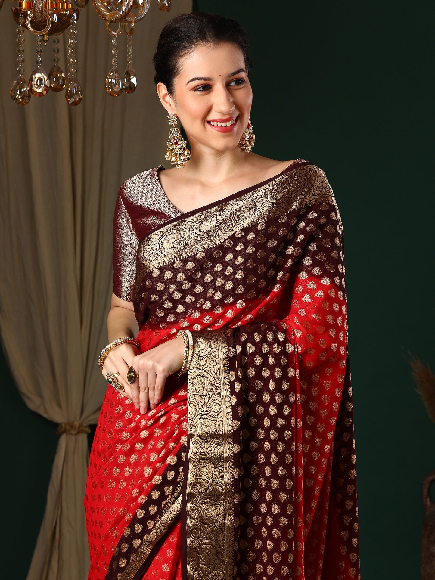 Women's Georgette Red Woven Design Designer Saree With Blouse Piece