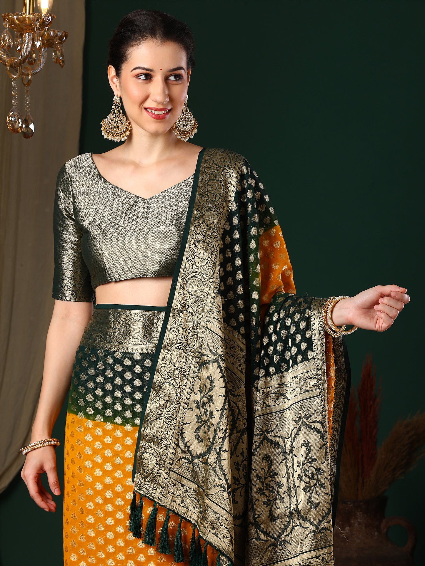 Women's Georgette Yellow Woven Design Designer Saree With Blouse Piece