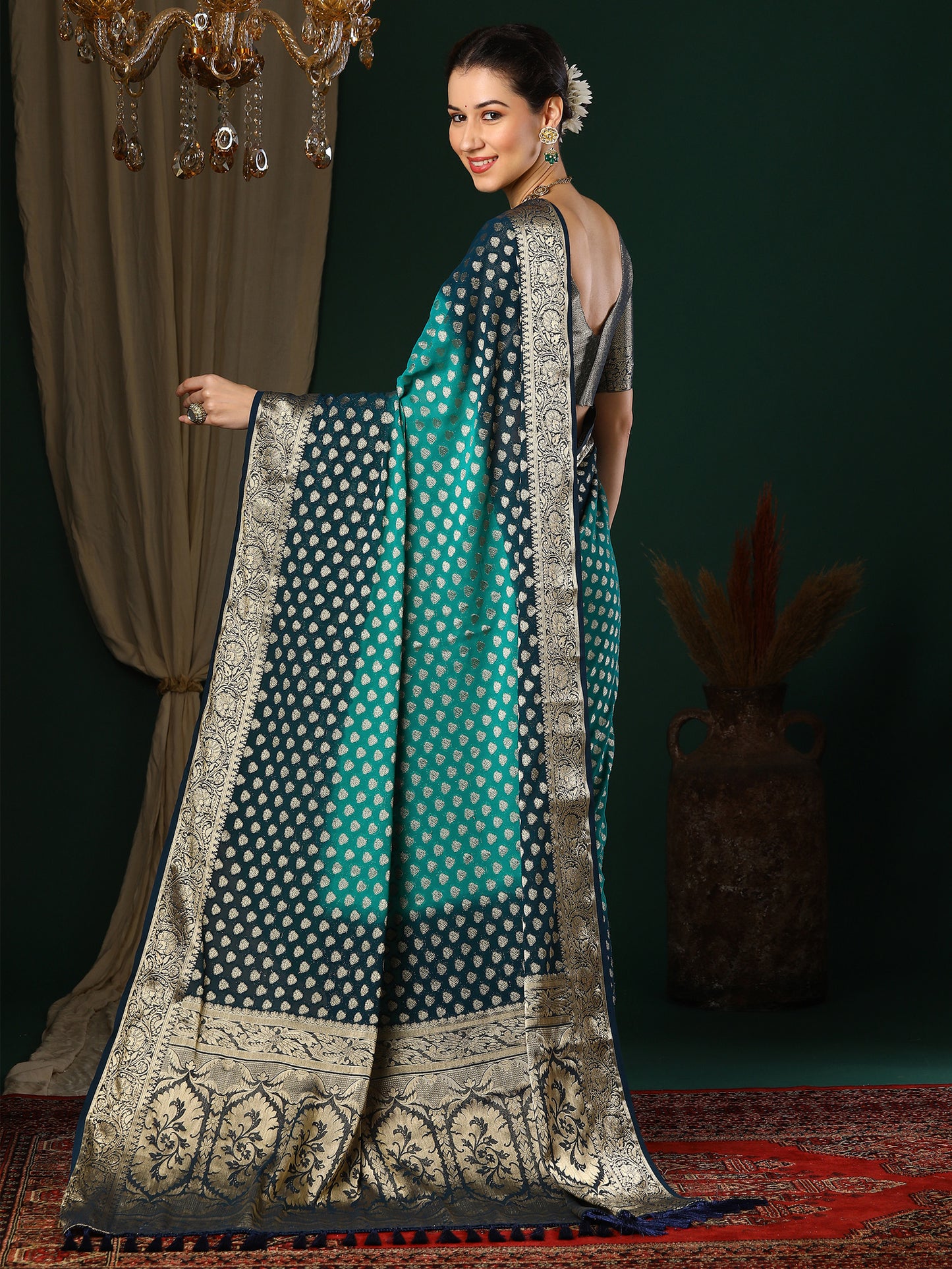 Women's Georgette Blue Woven Design Designer Saree With Blouse Piece