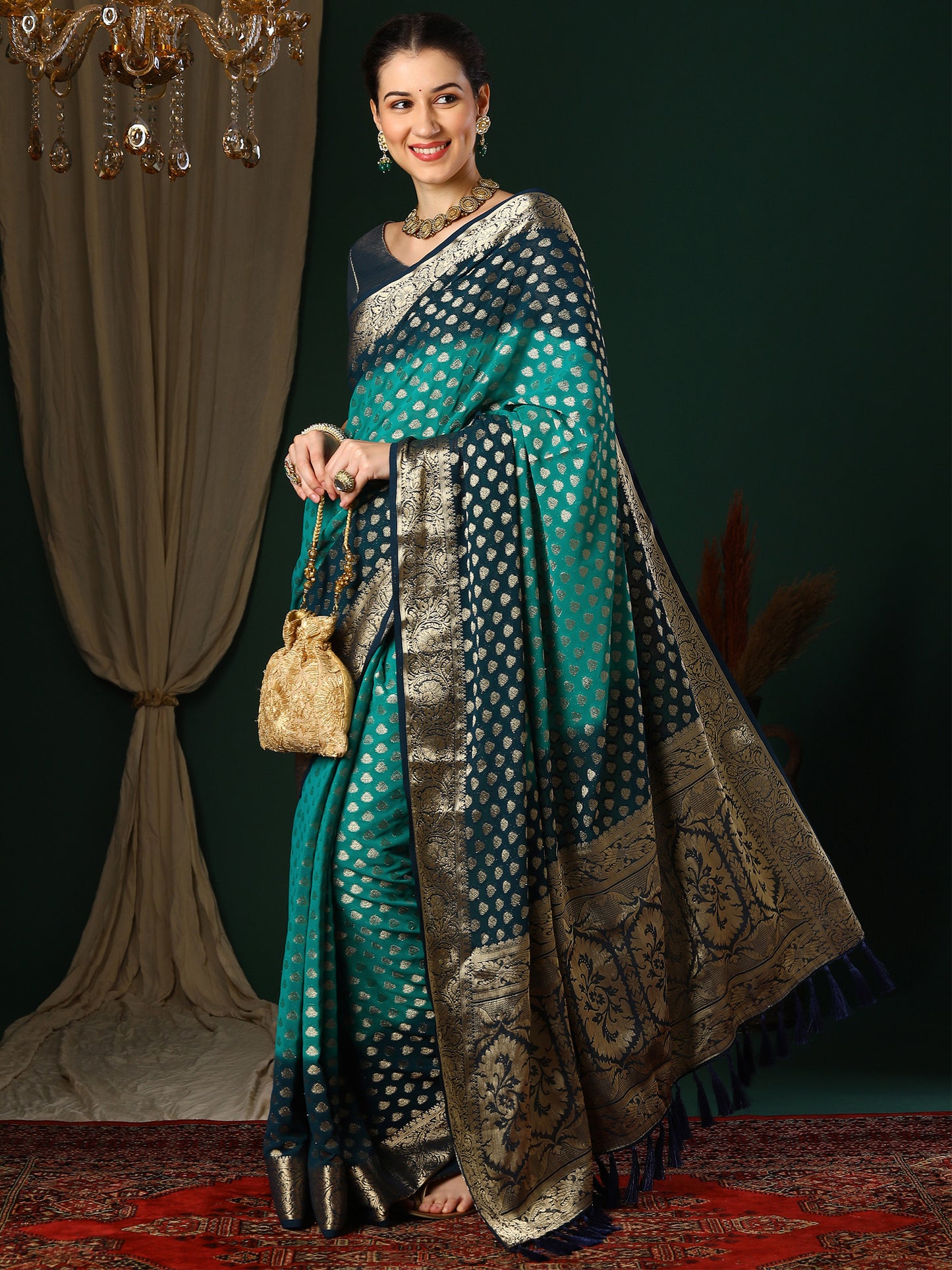 Women's Georgette Blue Woven Design Designer Saree With Blouse Piece