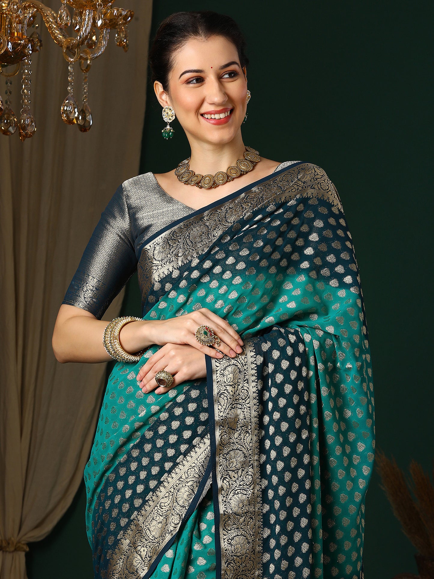 Women's Georgette Blue Woven Design Designer Saree With Blouse Piece