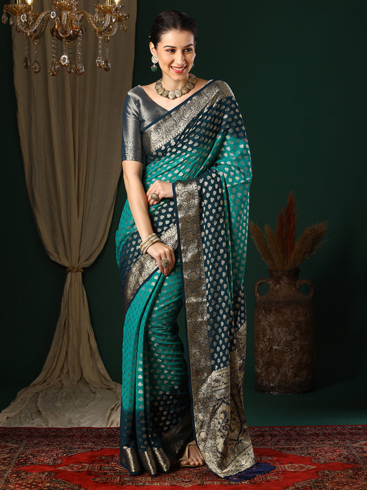 Women's Georgette Blue Woven Design Designer Saree With Blouse Piece