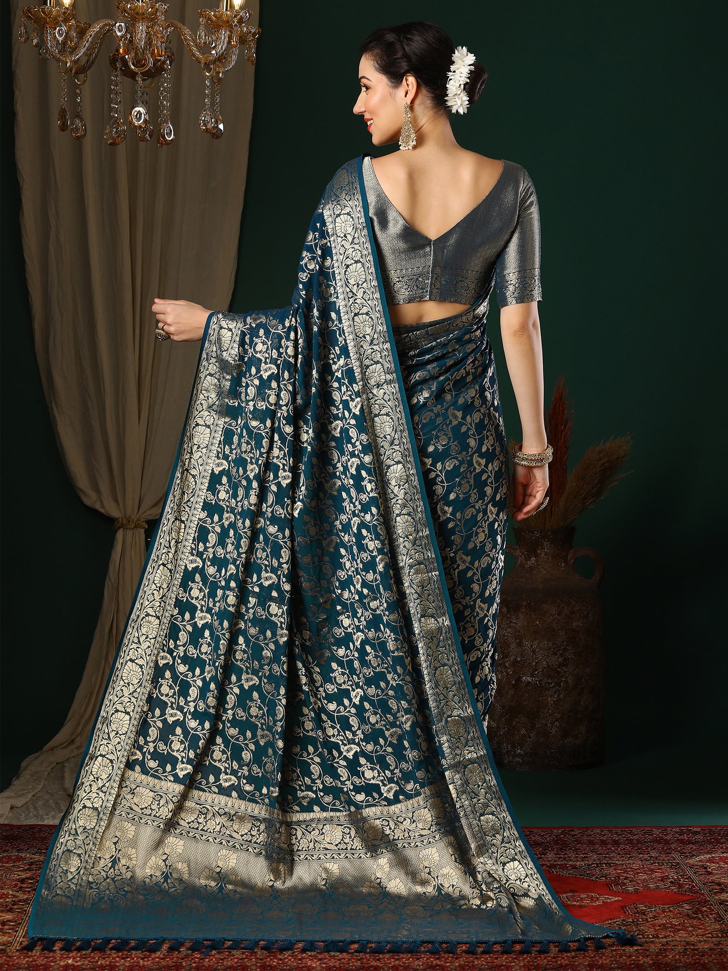 Women's Georgette Teal blue Woven Design Designer Saree With Blouse Piece