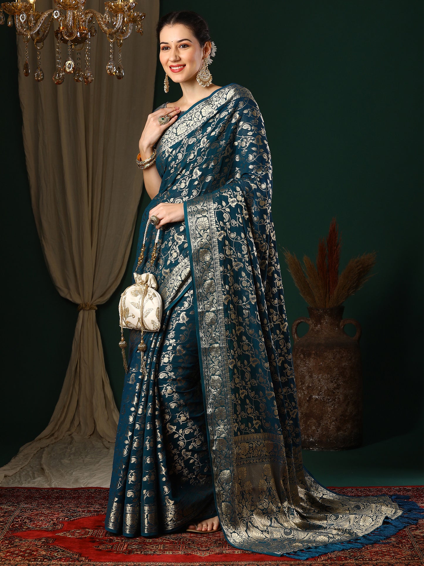 Women's Georgette Teal blue Woven Design Designer Saree With Blouse Piece