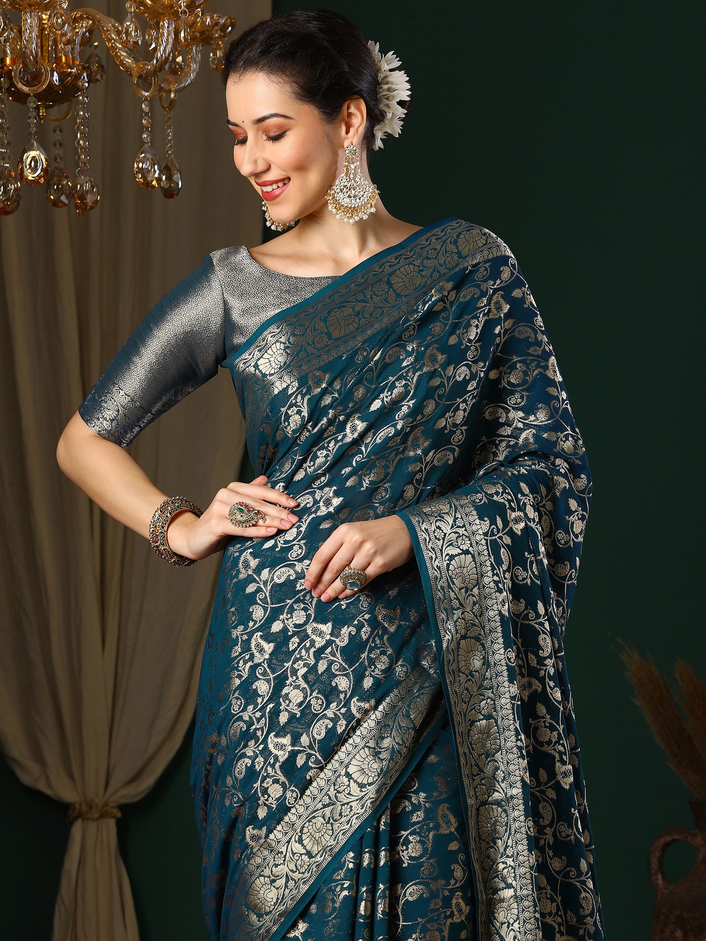 Women's Georgette Teal blue Woven Design Designer Saree With Blouse Piece