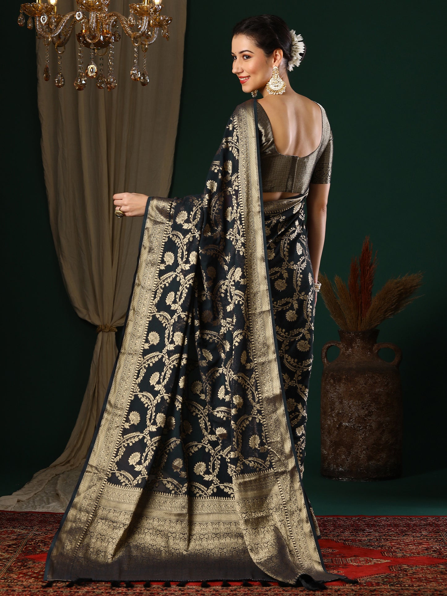 Women's Georgette Black Woven Design Designer Saree With Blouse Piece
