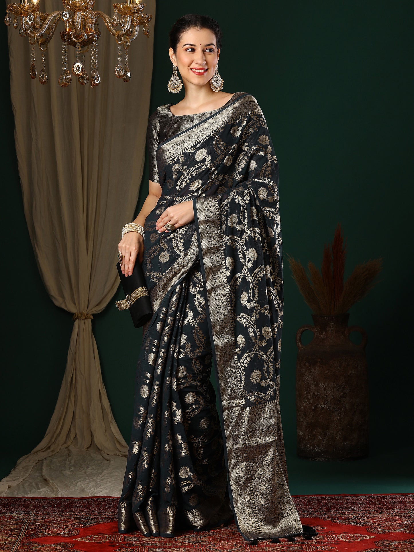 Women's Georgette Black Woven Design Designer Saree With Blouse Piece
