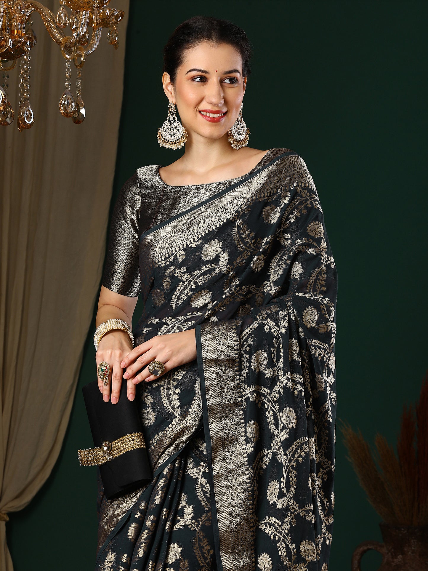 Women's Georgette Black Woven Design Designer Saree With Blouse Piece